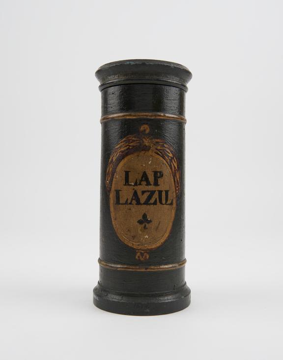 Cylindrical turned wooden herb box with circular lid, painted