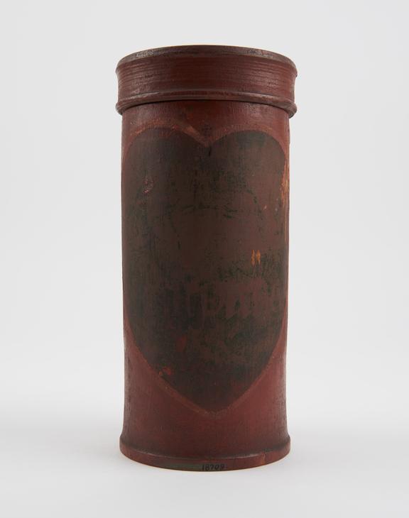 Cylindrical brown-painted wooden container, with lid, empty