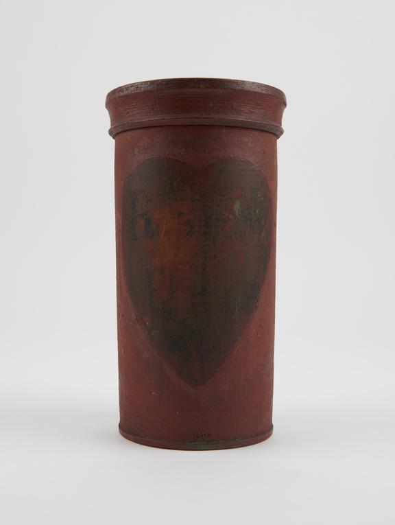 Cylindrical brown-painted, wooden container with lid, empty