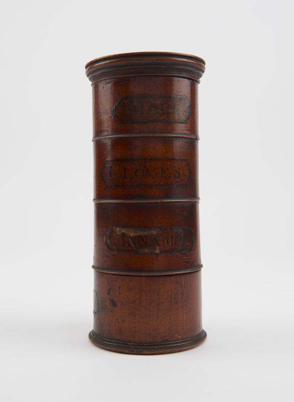 Wooden spice jar for mace, cloves, cinnamon and nutmeg