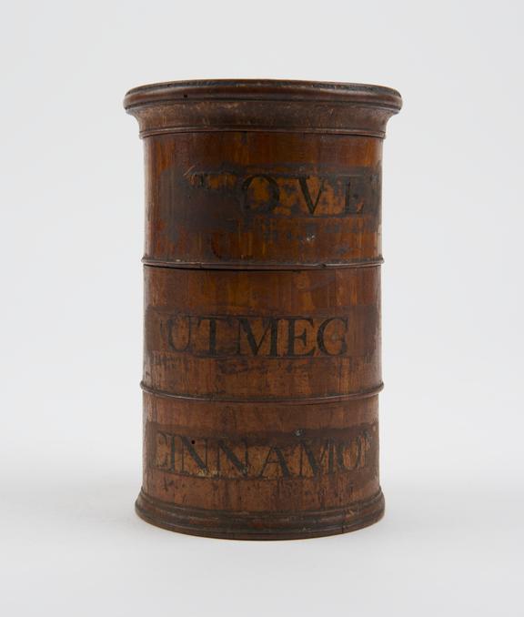 Cylindrical wooden spice box, three-tier, with lid, empty