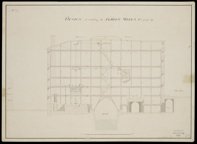 Design for rebuilding of Albion Mills fire proof, transverse section