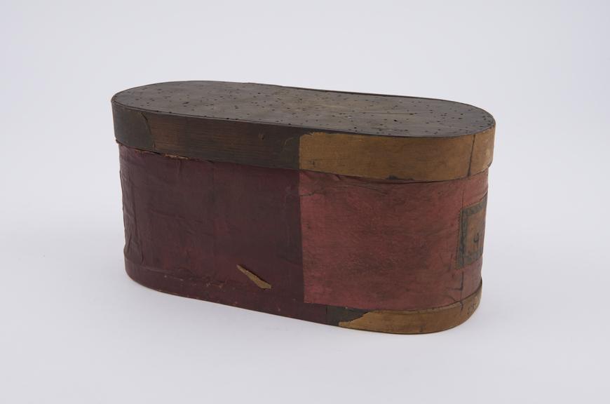 Wooden herb box, covered in coloured paper, possibly Turkish