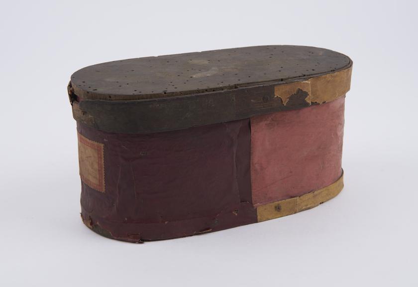 Wooden herb box, covered in coloured paper, possibly Turkish