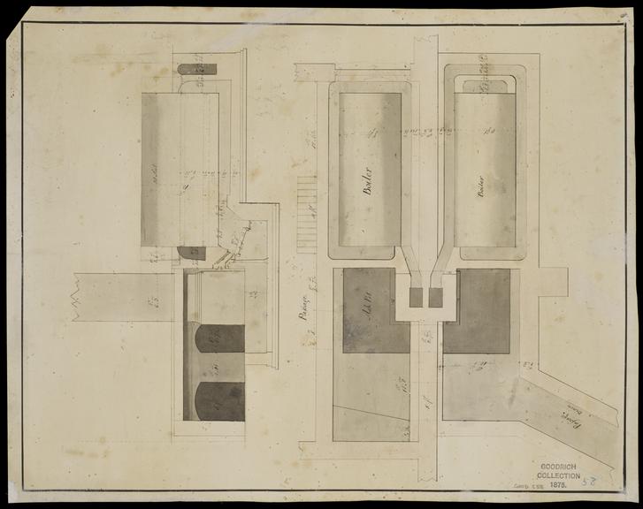 Plan and elevations of iron boilers for 56 Horse engines at the Metal Mills, Portsmouth