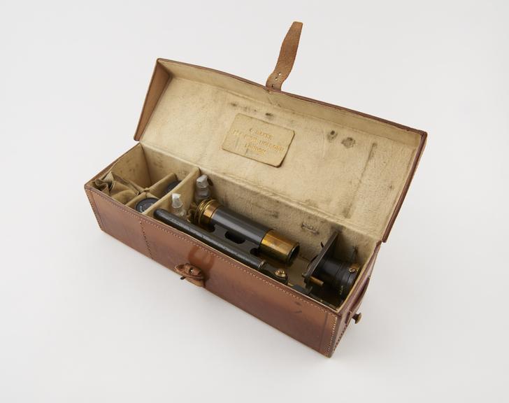 Portable microscope in leather carrying case, by  Charles Baker