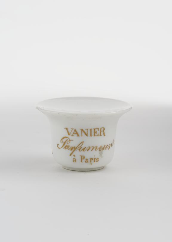 Porcelain cosmetic pot, white with gold lettering, French