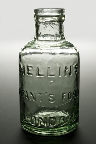 Clear green glass bottle for Mellin's Infant Food, United Kingdom, 1866-1950