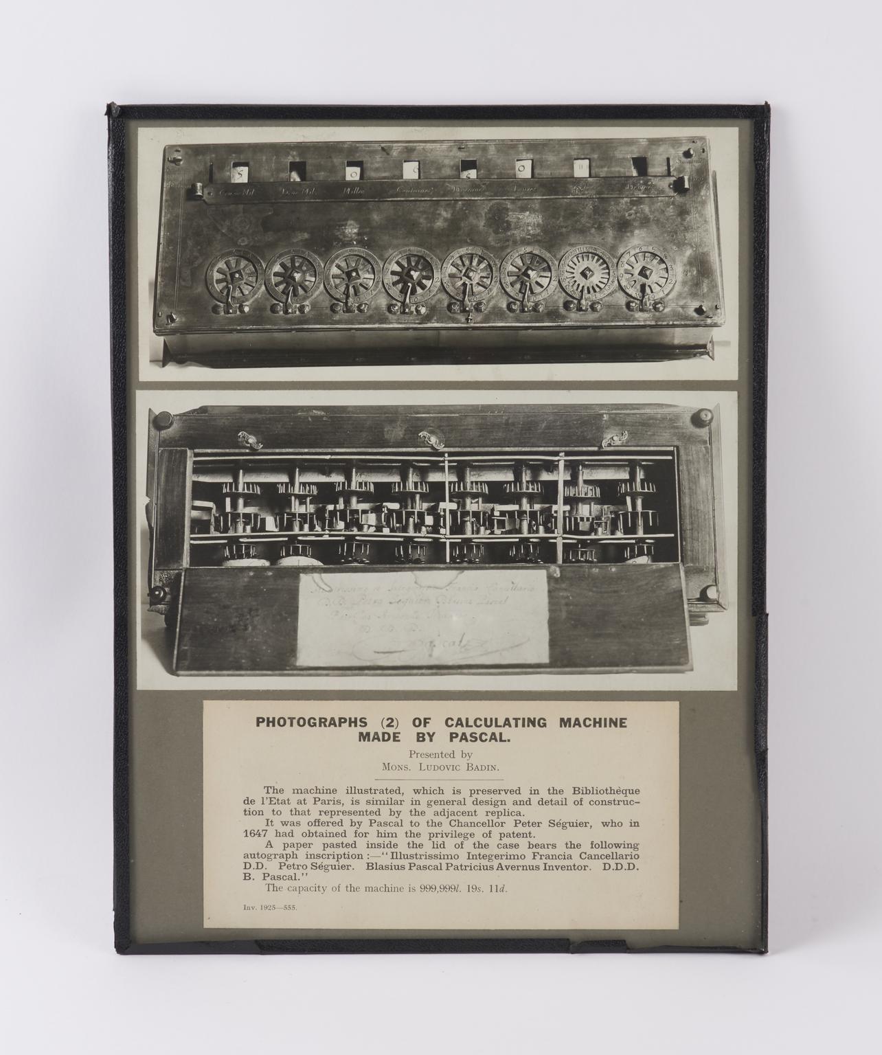 Pascal Smg Two photographs (bromide prints) of an original calculating machine ...