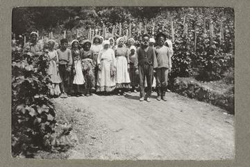 Untitled black and white photograph showing a group of workers