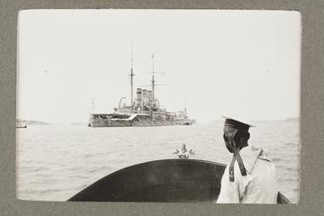 Untitled black and white photograph of a ship in the bay of Sebastopol