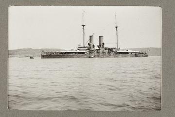 Untitled black and white photograph of a ship in the bay of Sebastopol. Taken by Herbert Galloway Stewart in Crimea