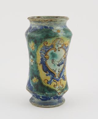 Albarello, Italian, 17th century polychrome maiolica