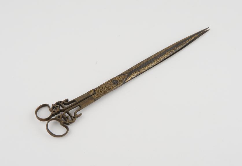 Steel scissors, finely damascened in brass, perhaps Iranian