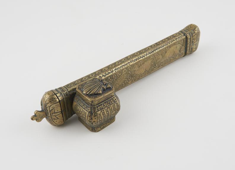 Brass pen case with attached inkpot, Persian, 19th century