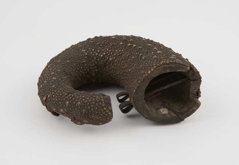 Carved wooden horn covered with lizard skin, used by a beggar