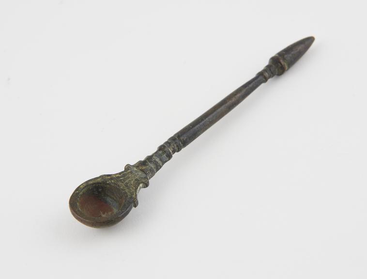 Bronze spoon, round bowl with straight stem, said to be Arabian