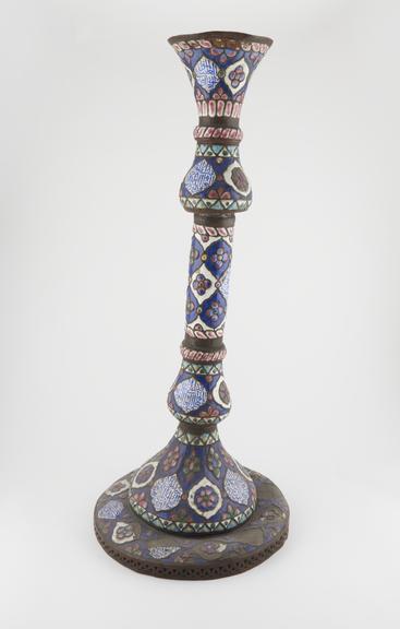 Tall metal stand, with elaborate enamelled decoration, Persian