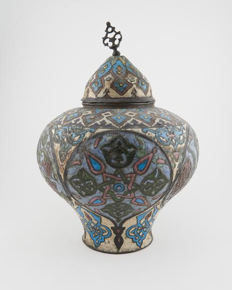 Metal jar, with lid, with enamelled decoration, Islamic