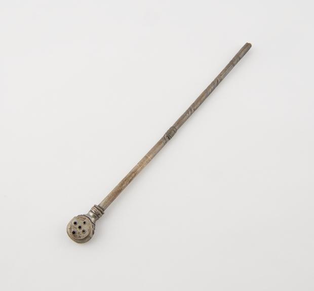 Silver (?) mate spoon, bombilla, with decorated stem