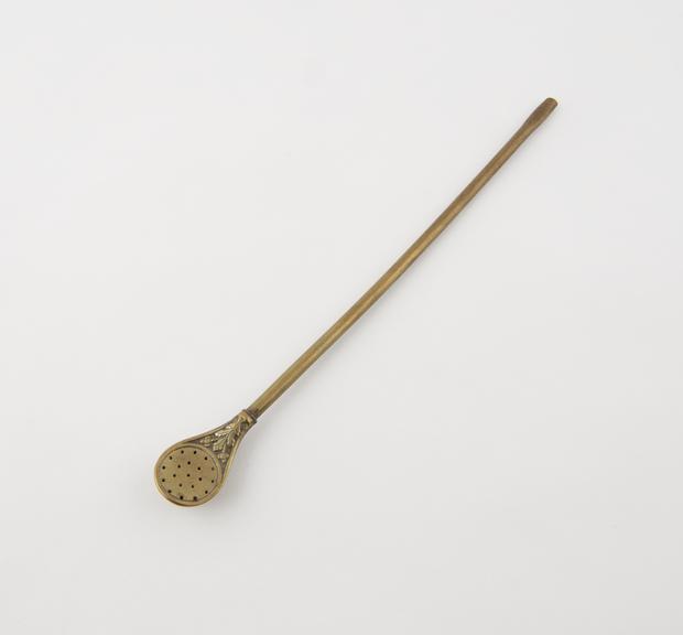 Brass mate spoon, bombilla, with decorated bowl, South American