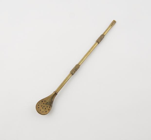 Brass mate spoon, bombilla, with decorated stem, South American