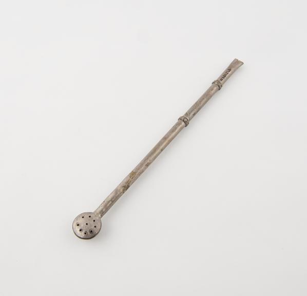 Silver (?) mate spoon, bombilla, with decorated handle