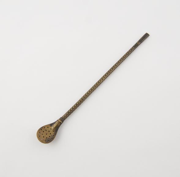 Brass mate spoon, bombilla, with decorated stem, from Chile