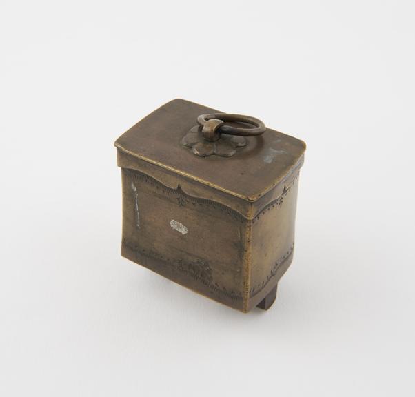 Loadstone, rectangular block, mounted in brass and iron