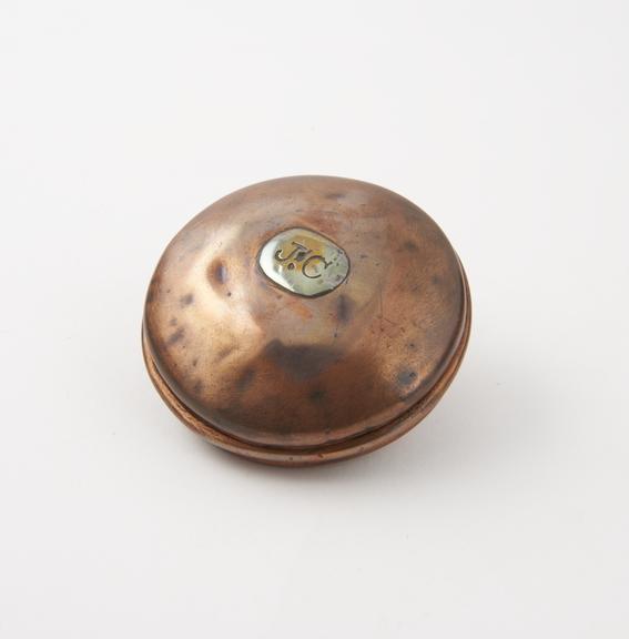 Pocket Tinder Box, Copper, 2 1/4 inches diameter, lid hinged