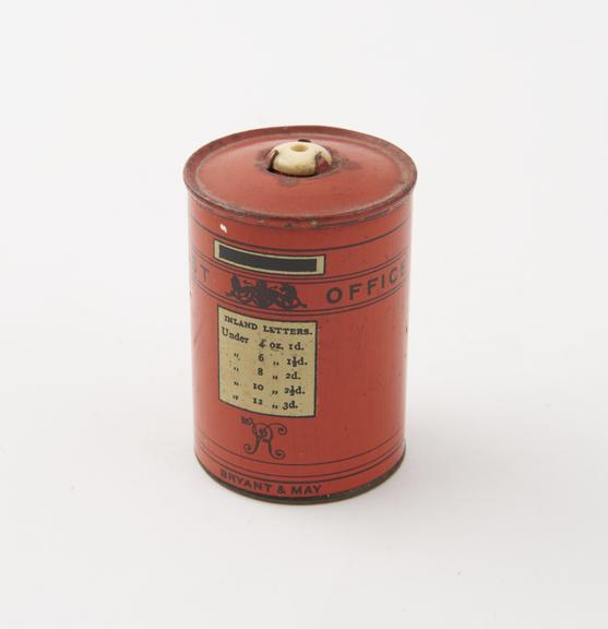 Match holder for wax vestas, tin, in form of a post box