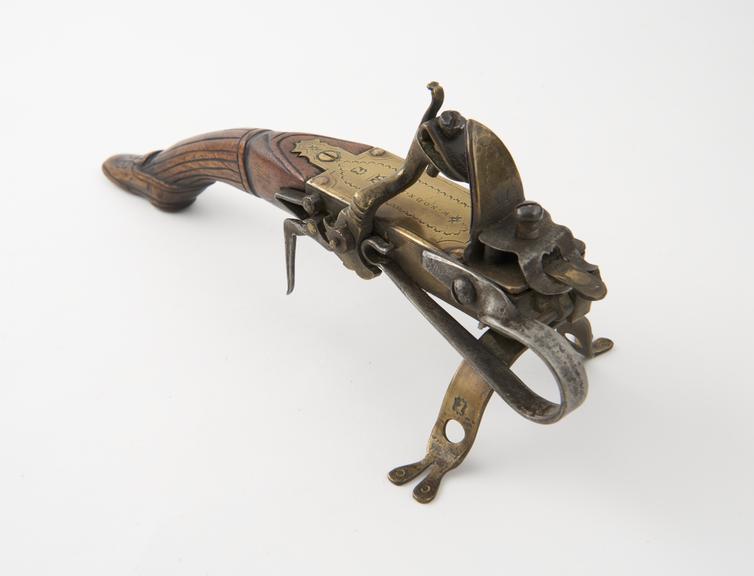 Tinder Pistol, wood stock, brass fittings.