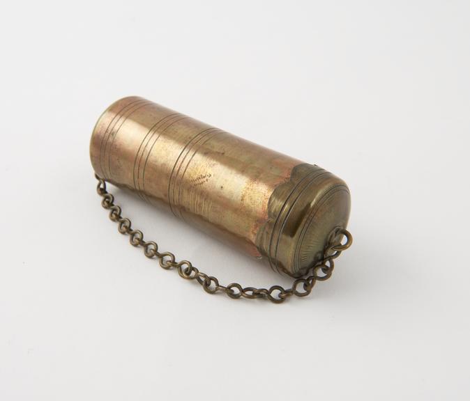 Tinder-tube (length 3 1/2 ins) of copper, with brass cap