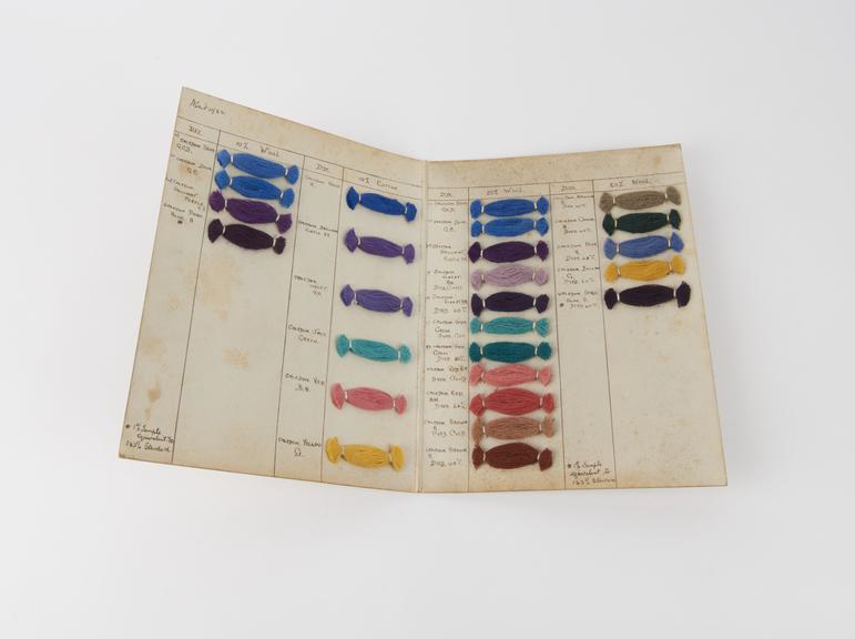 Card - sample of Caledon dyes on wool and cotton, 1922