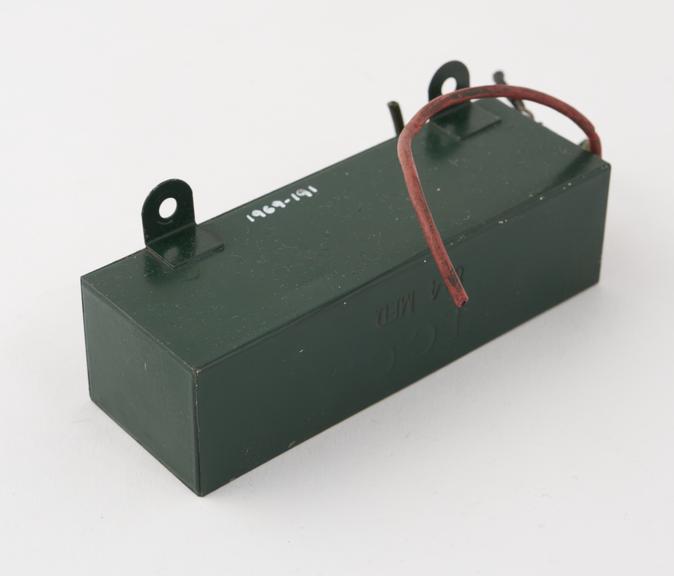 T.C.C., 8 + 4 mfd. electrolytic capacitor in rectangular metal