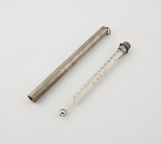 Bath thermometer, mercury in glass, in case, German