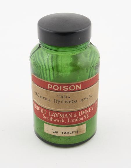 Bottle of chloral hydrate tablets, by Wright, Layman and Umney