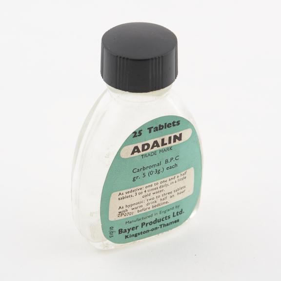 Bottle for Adalin' tablets, by Bayer Products Ltd., English'