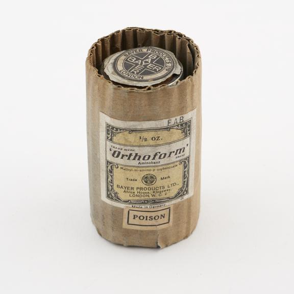 Bottle of orthocain in original wrapper, by Bayer, Germany