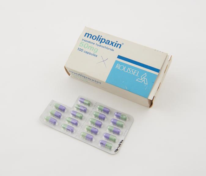 1x100 pack, in box, of Molipaxin 50mg capsules (trazodone