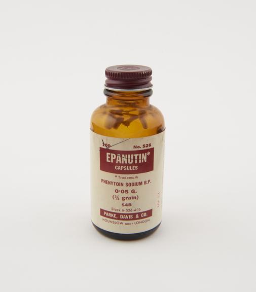 Bottle of Epanutin' capsules, by Parke, Davis and Co