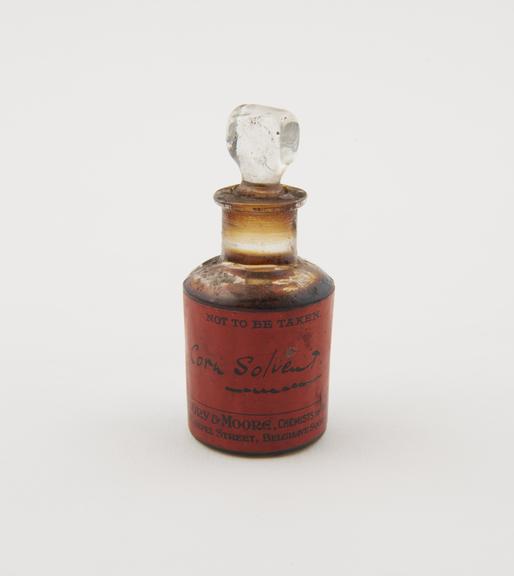 Bottle of corn solvent, by Savory and Moore Ltd