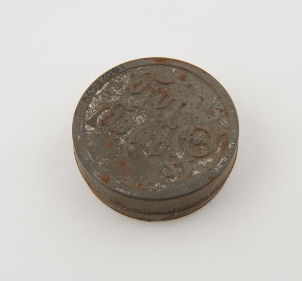 Container, tin, rusted, for dusting powder, probably German