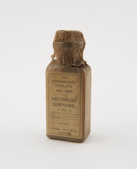 Bottle of acetanilide tablets, by Parke Davis and Co., English