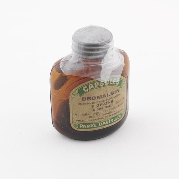 Bottle of bromalbin capsules, by Parke, Davis and Co., English