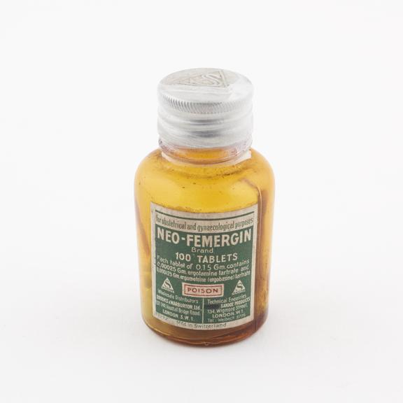 Bottle of Neo-Femergin' tablets, by Sandoz, Swiss'