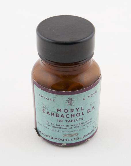 Bottle of carbachol tablets, by Savory and Moore Ltd., English