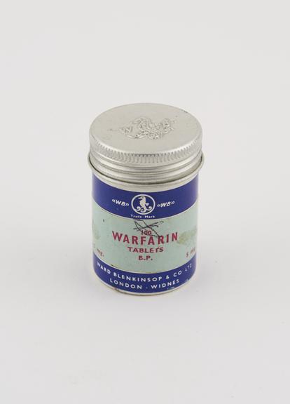 Canister of warfarin tablets, by Ward Blenkinsop and Co. Ltd