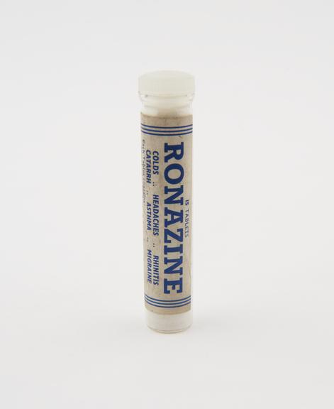 Plastic tube for Ronazine' pills with contents, made in England