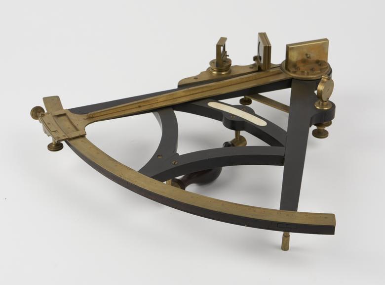 Ebony framed sextant with polished brass limb and ivory inlaid